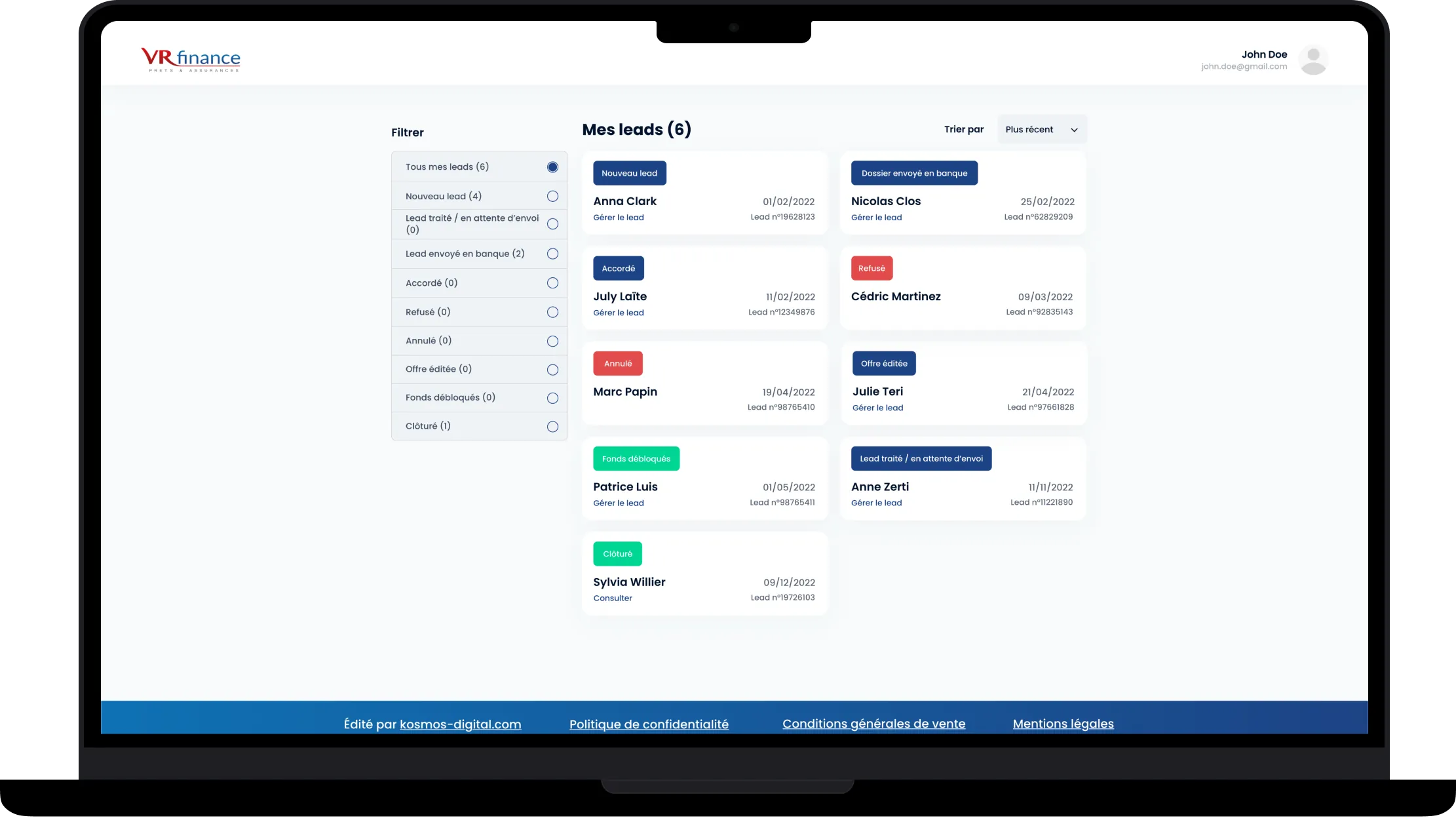 Aperçu de l’application VRFinance